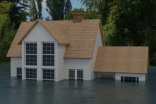 3D rendering of half of a house under flood