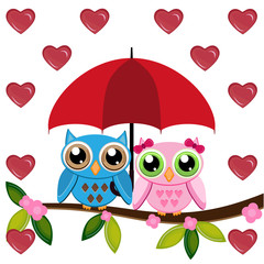 Two Owls sitting on the branch with red umbrella under the hearts rain
