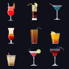 Set of alcoholic cocktails isolated on black background. Cocktail collection.