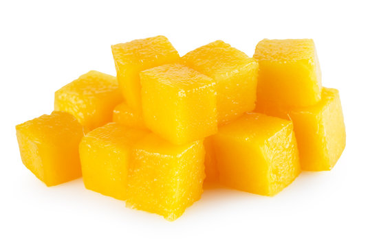mango cube slices isolated on a white background