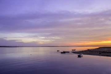 Ria Formosa wetlands natural conservation region landscape, sunset view from Olhao port. Algarve.