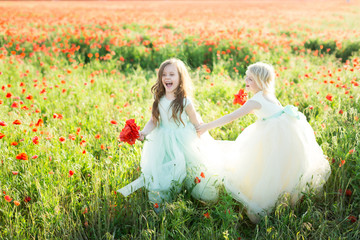 little girl model, childhood, fashion, summer concept - girly games of two beautiful young models on sunny flower meadow with red blooming poppies, fairytale princesses are in white and blue dresses