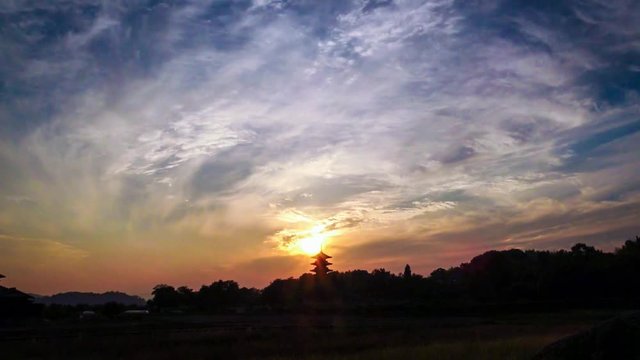 タイムラプス、日本、岡山、備中国分寺、五重塔、絶景、夕日、絶景