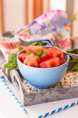 Fresh watermelon cut in star shape with mint