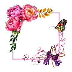 Wildflower peony flower frame in a watercolor style isolated.