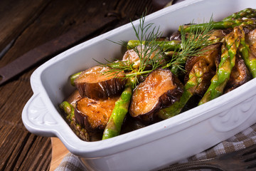 Baked eggplant with green asparagus