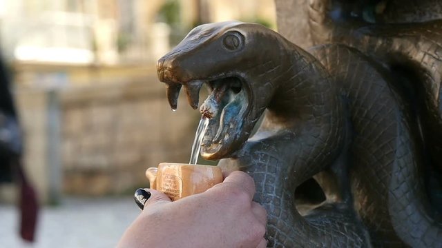 Karlovy Vary and a splendid street fountain with mineral spa water pouring from a bronze snake head and a young  woman using a special folk cup to get the water and to drink it  in a sunny day