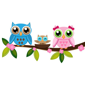 owls family on a branch