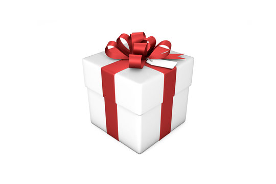 3d illustration: White gift box with red silk ribbon / bow and tag on a white background isolated.