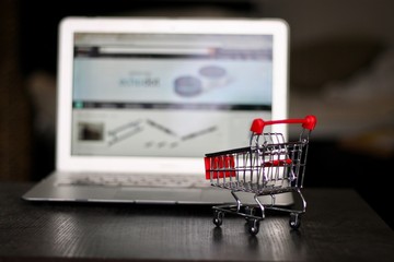 Red Shopping Cart in front of Notebook