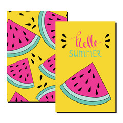 Hello summer greeting card. Summer design element with watermelon. Doodle fresh fruit. 