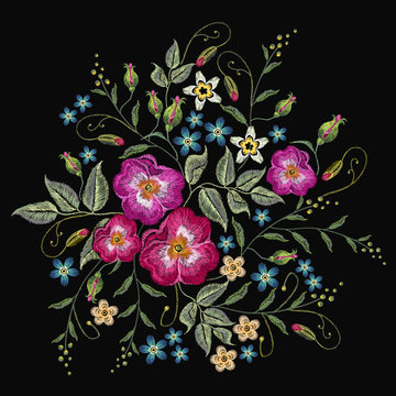 Embroidery wild roses, dogrose flowers vector. Classic style embroidery, beautiful fashion template for clothes, t-shirt design