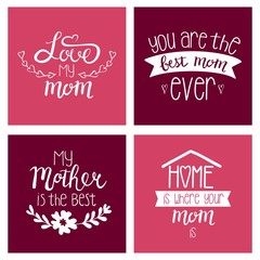 Vector set of greeting cards. Happy mother's day. Vector lettering on pink background