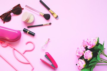 Woman accessories and make up set in pink collection, Flat lay of spring fashion