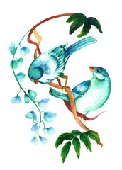 Teal watercolor birds on branch with flowers, isolated on white