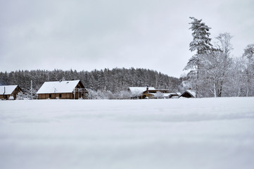 Cold snowy winter landscape of rural homes.