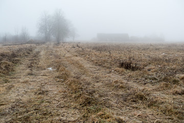 Abandoned farmhouse and the road in the morning mist.