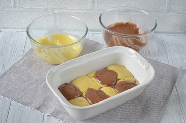The process of preparing cake in the kitchen, ingredients closeup horizontal