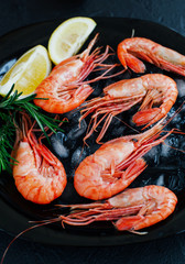Shrimps with lemon and greens on a dark background