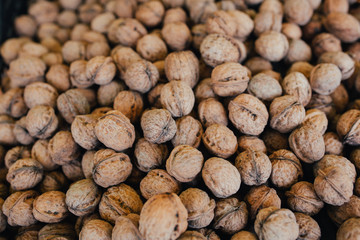 Walnut. Walnuts an market. Background of walnuts. Healthy walnuts.