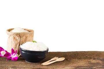 grains cooking of Thai jasmine rice or white rice in bowl on wooden Backgrivd