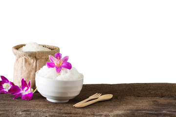 grains cooking of Thai jasmine rice or white rice in bowl on wooden Backgrivd