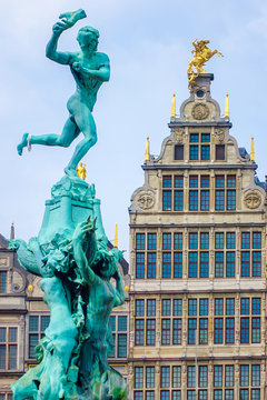 Close up Barbo fountain and guild houses at Grote Markt square in Antwerp, Belgium