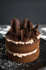 Chocolate cake on the rustic background. Selective focus.