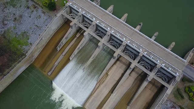 aerial view from drone:  Dam gate of Pa Sak Cholasit Dam Project is one of the major irrigation projects of Thailand,. The dam also decreases problems in Bangkok more flood control