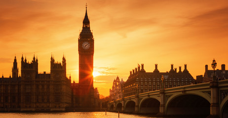 Famous Big Ben clock tower in London at sunset