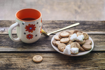 Breakfast oatmeal porridge with apple and cinnamon colorful dish,biscuit