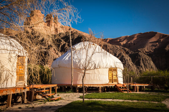 Kazakh yurt on the Silk Way in Kazakhstan mountains