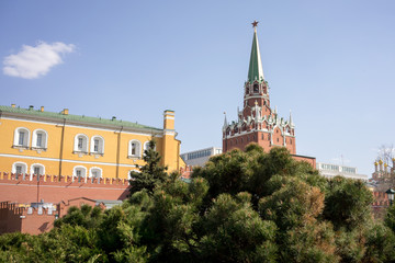 Troitskaya Tower in the center of the northwestern wall of the Moscow Kremlin is the main visitors' entrance into the Kremlin.