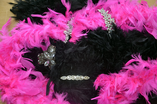 Boas en plumes noires et fuchsias et pinces &agrave; cheveux en strass