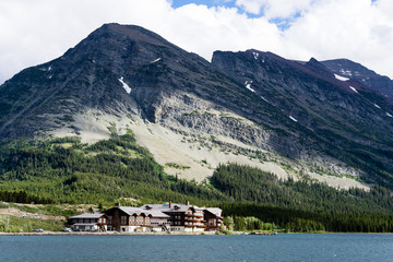 Fototapeta na wymiar Lake Swiftcurrent with Many Glacier Hotel in Glacier National Park - Montana, USA