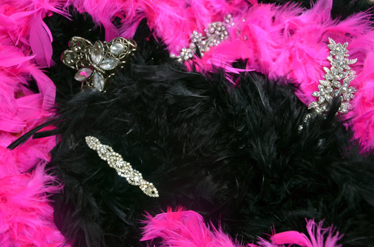 Boas en plumes noires et fuchsias et pinces &agrave; cheveux en strass
