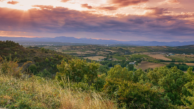 Panorama of a valley in the Ardeche with in the background the mountains of the Ardeche