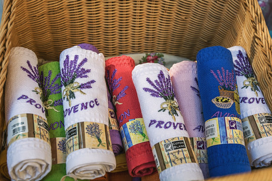 Towels for sale at a tourist shop in Avignon