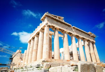 Foto op Canvas Parthenon temple over bright blue sky background, Acropolis hill, Athens Greecer, retro toned © neirfy