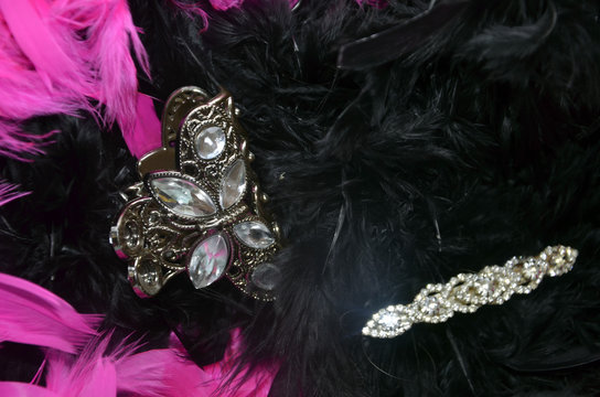 Boas en plumes noires et fuchsias et pinces &agrave; cheveux en strass