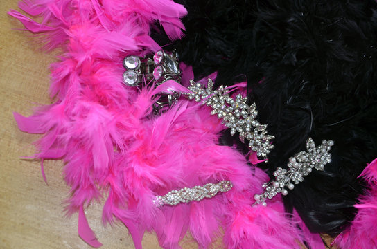 Boas en plumes noires et fuchsias et pinces &agrave; cheveux en strass