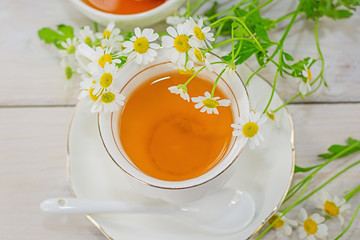 Bowl filled with flower honey and spoon with a cup of tea