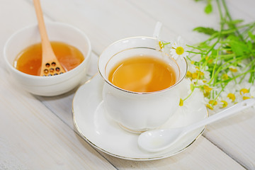 Bowl filled with flower honey and spoon with a cup of tea