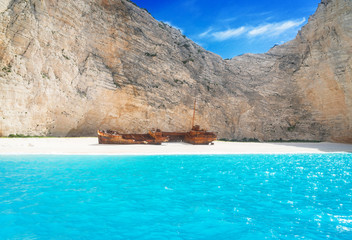 Navagio Shipwreak beach, Beautiful landscape of Zakinthos island, Greecer, retro toned