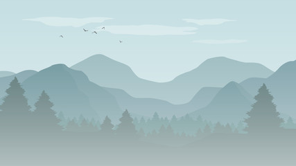 Landscape with blue silhouettes of mountains, hills and forest with flying birds in the sky - vector illustration