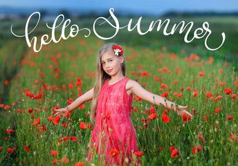 Fototapeta na wymiar Happy girl in a red dress on poppy field and text Hello summer. Calligraphy lettering hand draw