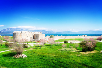 Fototapeta na wymiar View of Patras Rion castle and Rio Antirrio bridge, Greecer, retro toned