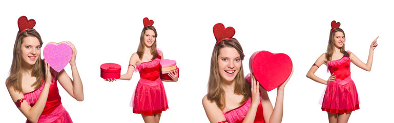 Girl in pretty pink dress isolated on white