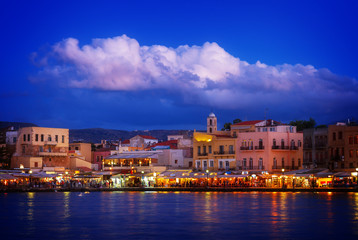 venetian habour of Chania with Aegan sea at night, Crete, Greecer, retro toned