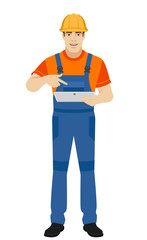 Builder pointing the finger to digital tablet PC